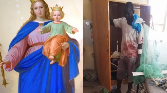 Imagem de Maria Auxiliadora e jovem afetado pela bomba. ?? 