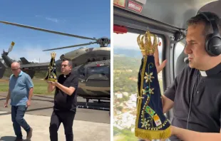 Padre Pierre Maurício sobrevoa cidade de Juiz de Fora (MG) com imagem de Nossa Senhora Aparecida.