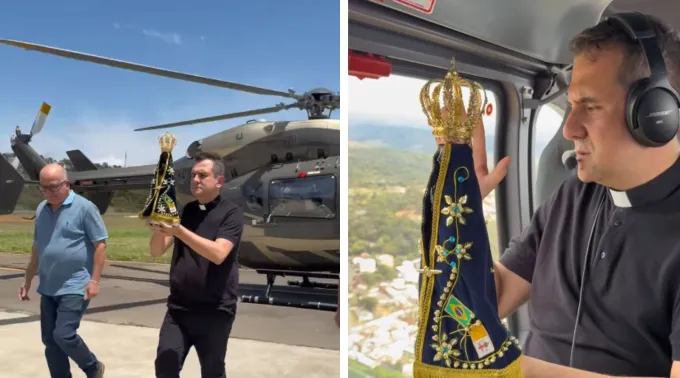 Padre Pierre Maurício sobrevoa cidade de Juiz de Fora (MG) com imagem de Nossa Senhora Aparecida. ?? 