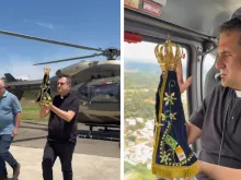 Padre Pierre Maurício sobrevoa cidade de Juiz de Fora (MG) com imagem de Nossa Senhora Aparecida.