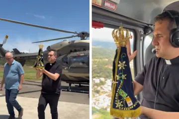 Padre Pierre Maurício sobrevoa cidade de Juiz de Fora (MG) com imagem de Nossa Senhora Aparecida.