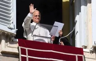 O papa Leão XIV acena e abençoa os fiéis na Praça São Pedro, no Vaticano, durante a oração do Ângelus, hoje (7).