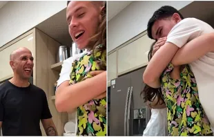 Momento em que os gêmeos Gustavo e Guilherme se alegram com a notícia da gravidez da mãe, Danielle