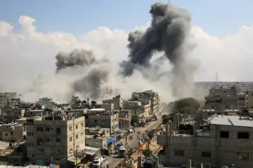 Ataque israelense na cidade de Rafah, no sul da Faixa de Gaza, 10 de outubro de 2023.