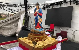 Imagem de Nossa Senhora Desatadora dos Nós intacta depois de temporal destruir santuário ontem (8) em Mogi das Cruzes (SP).