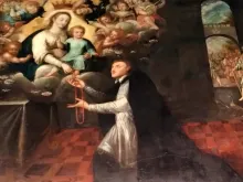 Pintura de são Domingos de Gusmão recebendo o rosário de Nossa Senhora