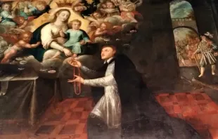 Pintura de são Domingos de Gusmão recebendo o rosário de Nossa Senhora