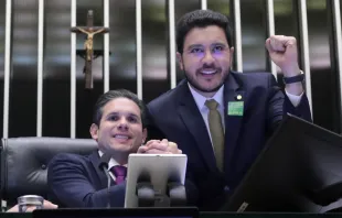 O presidente da Câmara dos Deputados, Hugo Motta e o deputado federal Jadyel Alencar celebrando a aprovação do ECA Digital na Sessão Deliberativa de ontem (20)