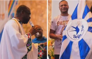 Frei Athaylton Jorge Monteiro Belo, OFM, canta samba-enredo da Beija-Flor em missa em Nilópolis (RJ).