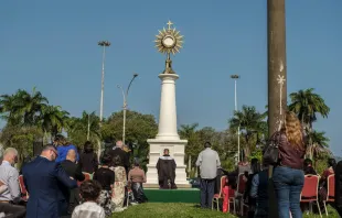 Católicos rezam diante do monumento eucarístico construído pelo Centro Dom Bosco no Rio de Janeiro