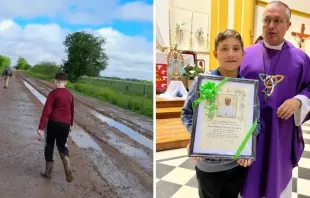 Maximiliano caminhando na lama para chegar à paróquia/O menino recebendo reconhecimento do papa Francisco.