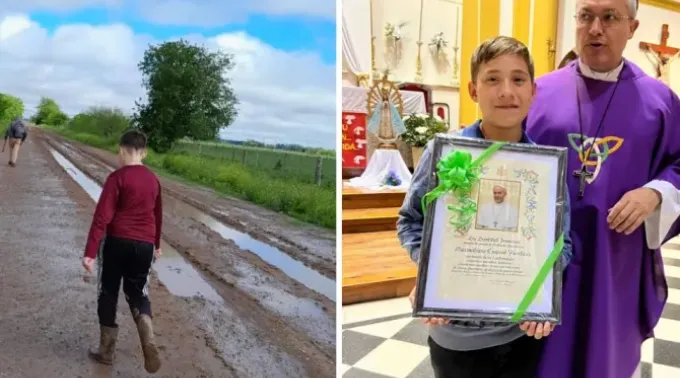 Maximiliano caminhando na lama para chegar à paróquia/O menino recebendo reconhecimento do papa Francisco ?? 