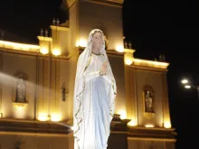 Nossa Senhora de Lourdes e, ao fundo, a catedral de Apucarana