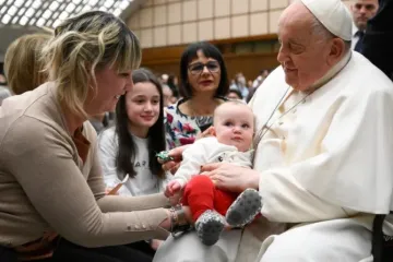 Papa Francisco abençoa um bebê durante uma audiência geral no Vaticano