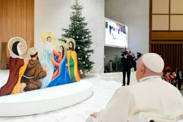 Papa Francisco diante do presépio e da árvore de Natal na Sala Paulo VI, no Vaticano.