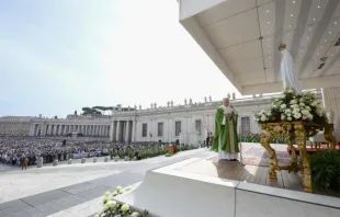 O papa Leão XIV reza diante da imagem de Nossa Senhora de Fátima na missa de domingo na praça de São Pedro