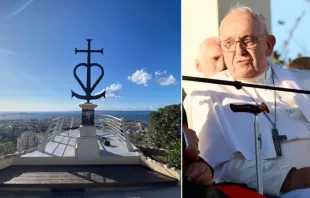 Cruz de Camargue, memorial dedicado aos marinheiros e migrantes perdidos no mar e fotografia do Papa Francisco.