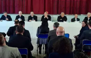 Cardeais brasileiros na coletiva de imprensa no Pontifício Colégio Brasileiro em Roma no dia 9 de maio de 2025.