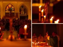 Missa à luz de velas na histórica capela de São José, na Universidade Católica de Lille, na França.