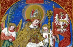Santo Estanislau retratado como padroeiro da Polônia em miniatura de Stanisław Samostrzelnik de Mogiła.
