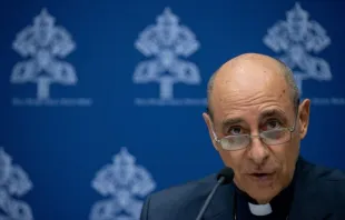 Cardeal Víctor Manuel Fernández em conferência de imprensa hoje (19).