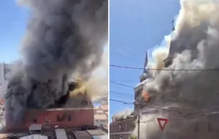 Igreja histórica de Santo Antônio de Pádua em Iquique, Chile, envolta em chamas.