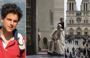 Carlo Acutis (à esquerda), Papa Francisco abre a porta santa na basílica de São Pedro (centro), reabertura da catedral de Notre Dame (à direita).