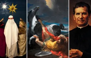 Algumas festas do calendário litúrgico em janeiro. Epifania do Senhor em 6 de janeiro (esquerda), Conversão de são Paulo em 25 de janeiro (centro) e são João Bosco (31 de janeiro). Imagem referencial.