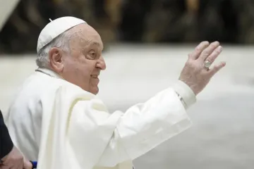 Papa Francisco acena a peregrinos na Aula Paulo VI