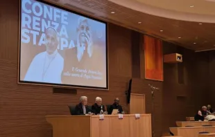 O padre Arturo Sosa, superior geral dos Jesuítas, ao centro, fala sobre o papa Francisco em entrevista coletiva ontem (24) na cúria geral dos Jesuítas, em Roma.