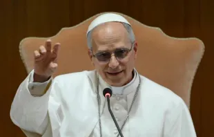 Papa Leão XIV discursa diante do Colégio de Cardeais em Roma em 10 de maio de 2025.