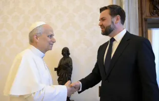 Papa Leão XIV cumprimenta o vice-presidente dos EUA, J.D. Vance, na biblioteca papal, no Vaticano, na última segunda-feira (19).
