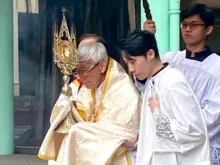 Cardeal Joseph Zen lidera procissão eucarística em Hong Kong, China, depois de celebrar missa em latim no último domingo (22).