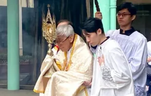 Cardeal Joseph Zen lidera procissão eucarística em Hong Kong, China, depois de celebrar missa em latim no último domingo (22).