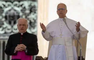 Papa Leão XIV reza com peregrinos reunidos na praça de São Pedro, no Vaticano, para audiência geral em 28 de maio de 2025.