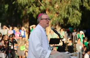 Robert Barron discursa para dezenas de milhares de jovens em encontro da Jornada Mundial da Juventude em Lisboa, Portugal, em 2 de agosto de 2023.