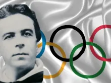 Composição da bandeira olímpica com a imagem do dominicano Henri Didon, criador do lema olímpico.