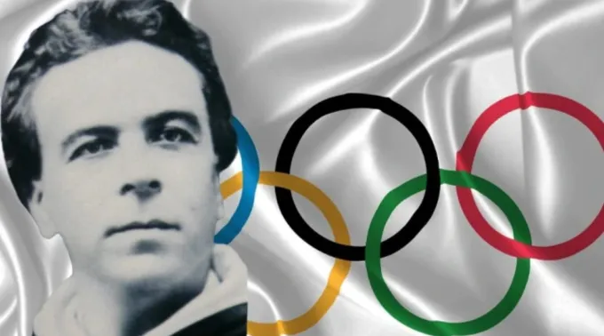 Composição da bandeira olímpica com a imagem do dominicano Henri Didon ?? 