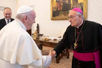O papa Francisco cumprimenta o bispo Nicholas DiMarzio no Vaticano