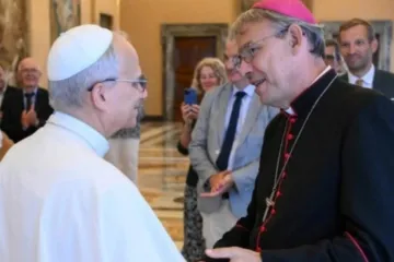 Dominique Blanchet cumprimenta Leão XIV no Vaticano em 28 de agosto de 2025