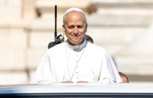 O papa Leão XIV saúda fiéis reunidos na praça de São Pedro, no Vaticano, a partir do papamóvel em audiência geral em 6 de agosto de 2025.