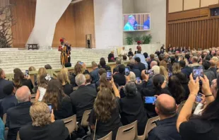 Encontro do papa Leão XIV com participantes do 26º Congresso Mariológico Internacional, em 6 de setembro, na Aula Paulo VI, no Vaticano.