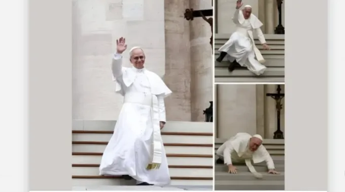 Fotografias geradas por inteligência artificial do papa Leão XIV aparentemente caindo de uma escada em frente à basílica de São Pedro ?? 