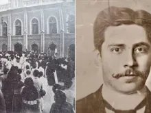 Multidão de moradores de Caracas, Venezuela, se reuniu em frente à Universidade Central da Venezuela no velório de José Gregorio Hernández (à esquerda). Retrato do "médico dos pobres" em sua juventude.