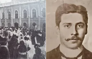 Multidão de moradores de Caracas, Venezuela, se reuniu em frente à Universidade Central da Venezuela no velório de José Gregorio Hernández (à esquerda). Retrato do "médico dos pobres" em sua juventude.