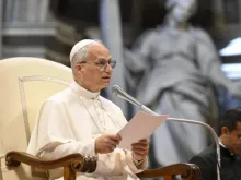 Papa Leão XIV faz discurso na basílica de São Pedro, no Vaticano.