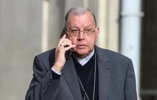 O então bispo de Verdun, Jean-Paul Gusching, fala ao telefone antes do discurso de encerramento no último dia da Conferência Espicopal Francesa, em Lourdes, sudoeste da França, em 8 de novembro de 2022.