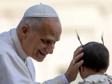 O papa Leão XIV cumprimenta bebê na audiência geral de hoje (12) no Vaticano.