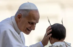 O papa Leão XIV cumprimenta bebê na audiência geral de hoje (12) no Vaticano.