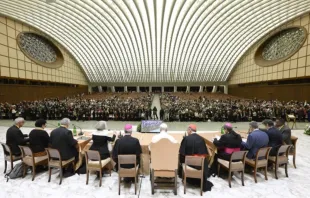 O papa Leão XIV ouve relatos de sete representantes de todo o mundo sobre a implementação da sinodalidade em seus continentes no jubileu das Equipes Sinodais e dos Organismos de Participação no Vaticano, em 24 de outubro de 2025.